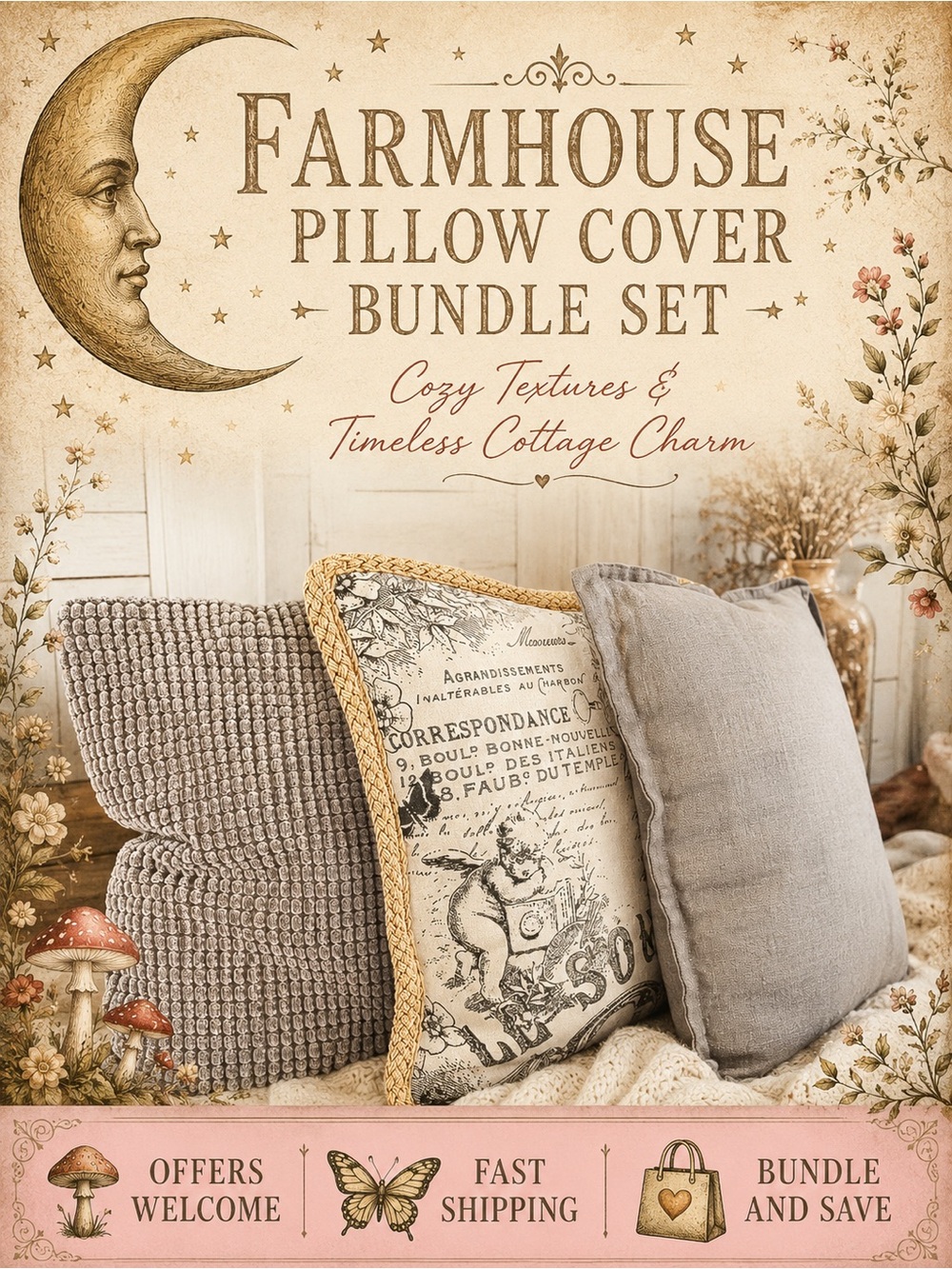IKEA Farmhouse Pillow Cover Bundle French Country Decorative Covers Set